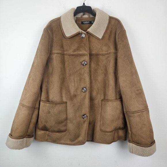 Lauren Ralph Lauren Faux Suede Jacket with Faux Shearling Trim Cognac XL - Picture 2 of 11